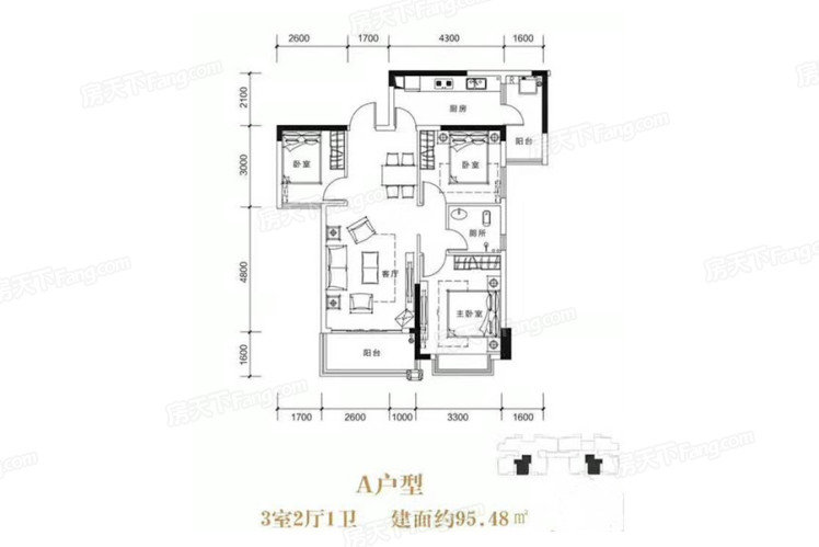 财汇新天地3室2厅1卫户型图-长沙房猫找房